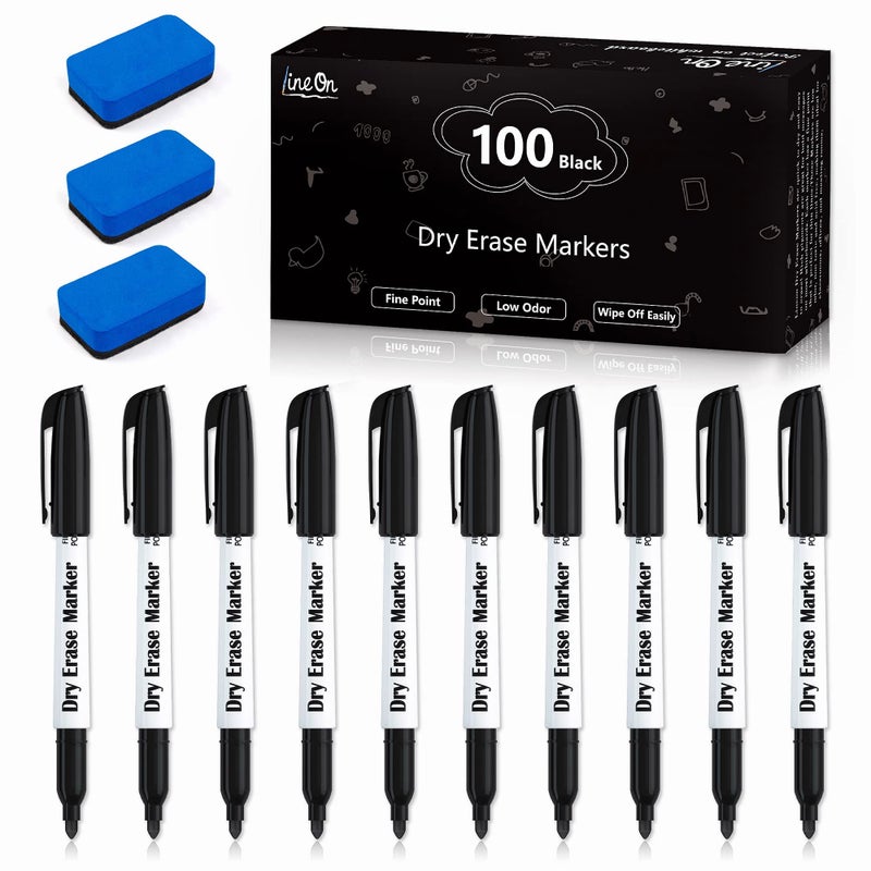 Lineon 100 Bulk Pack Black Whiteboard Markers with 3 Erasers, Fine Point Dry Erase Markers Perfect For Writing on Dry-Erase Boards, Glass for School Office Home - Image 1